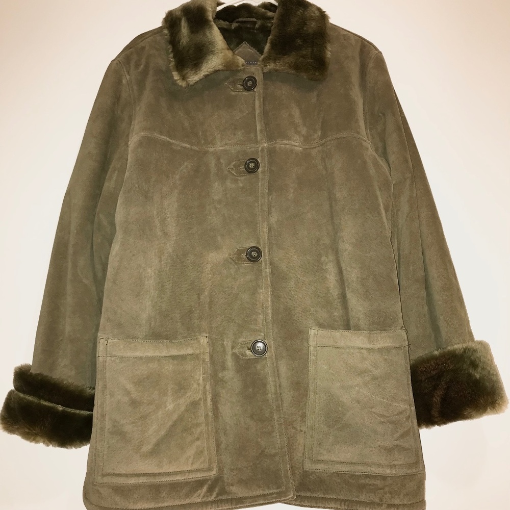 VTG Y2K Desert Well Green Suede Leather Coat Faux Fur Trim NWOT Large Penny Lane